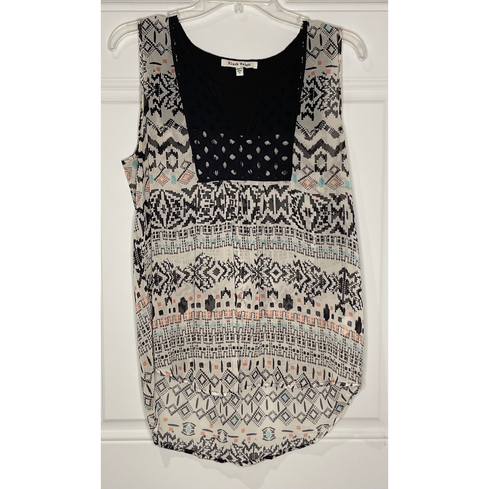 Black Rainn Tribal Geometric Eyelet Yoke Sleeveless Blouse Medium